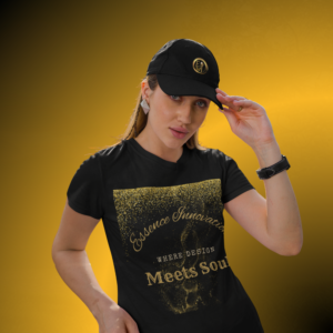 T0509 - Essence Innovation Woman wearing a black cap with a Design Meets Soul Tee | One Life Collection | Essence Innovation®